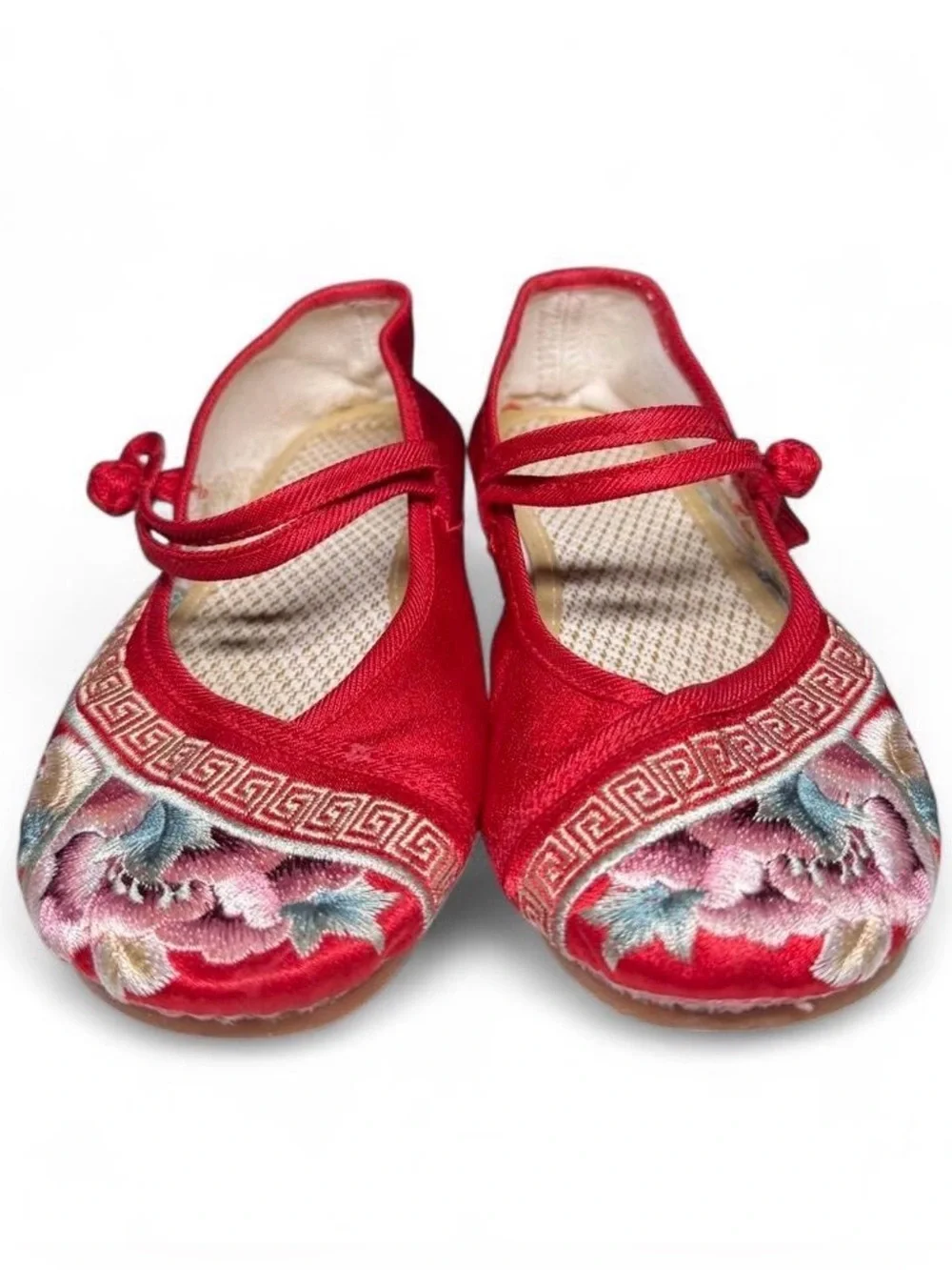 Embroidered Floral Mary Jane Chinese Ballet Flats Red Satin Shoes EU 35 US 3.5